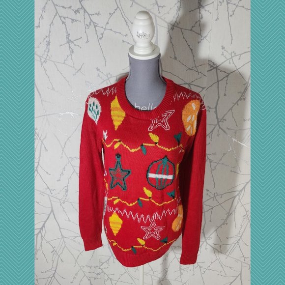 Happy Holidays Red Christmas Lights Ornaments Printed Crewneck Sweater - Picture 1 of 5